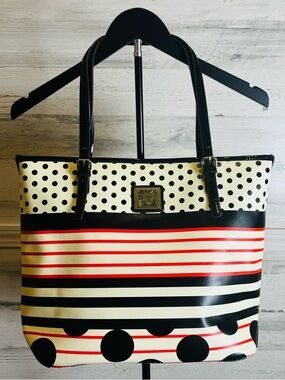 Anne Klein Polka Dot Stripe Tote or Shoulder Purse Black White Red